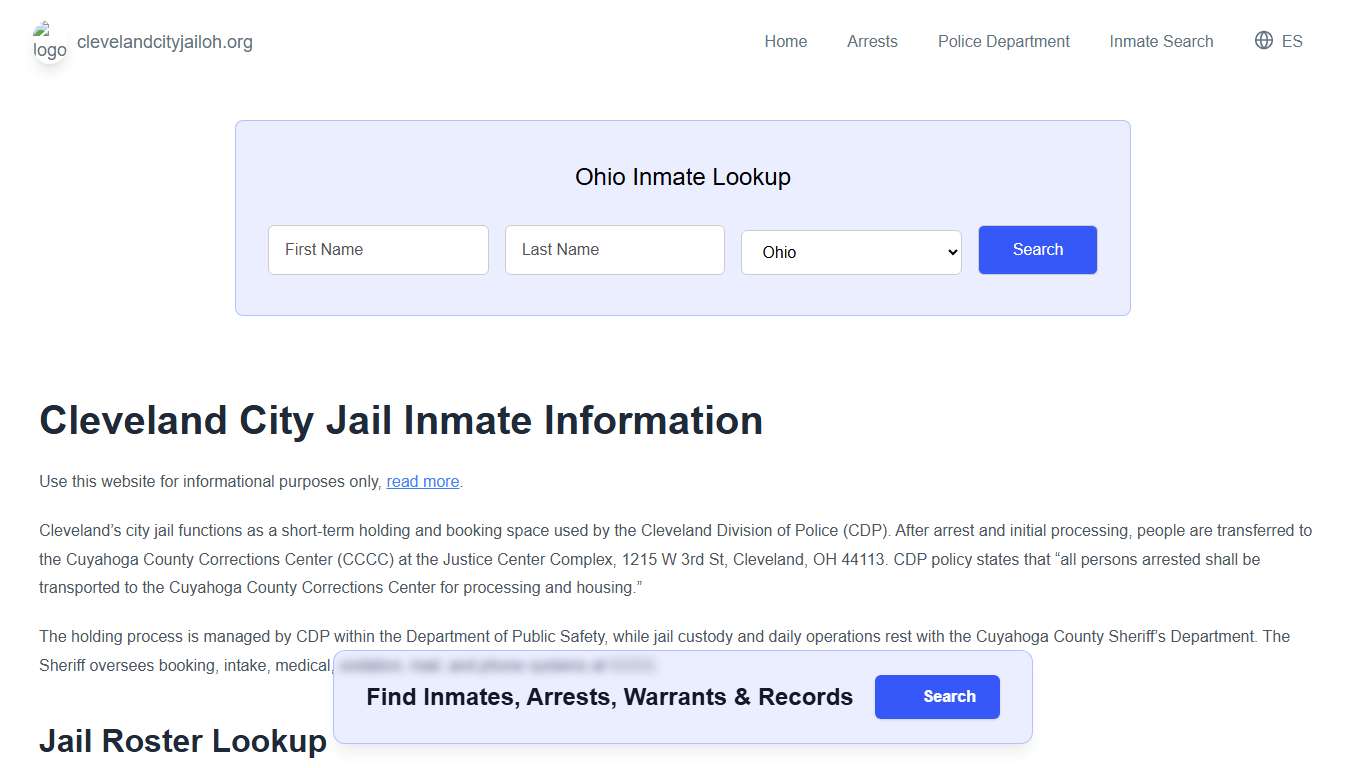 Cleveland Jail, OH Inmate Roster, Municipal Jail Info